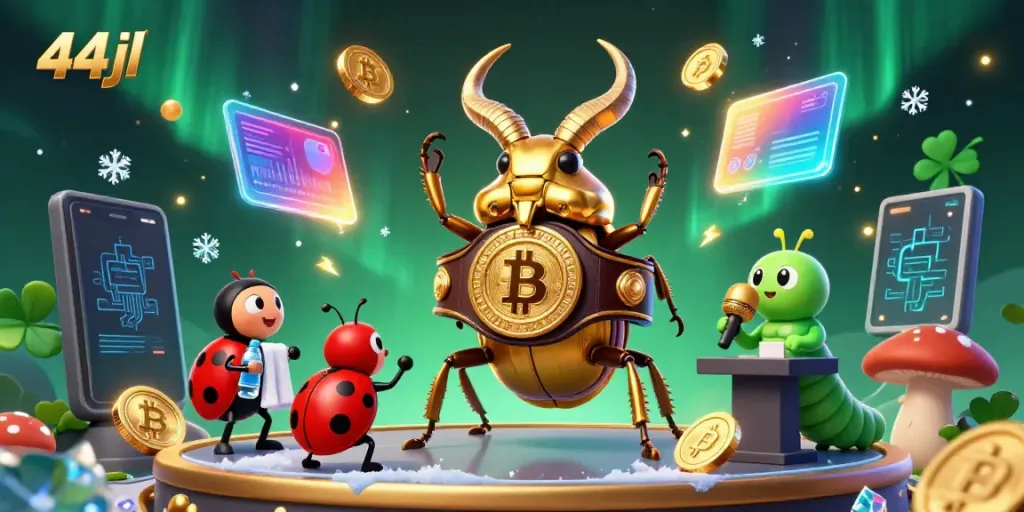 Engage with 44jl's thrilling gaming scene showcasing vibrant characters and crypto elements.