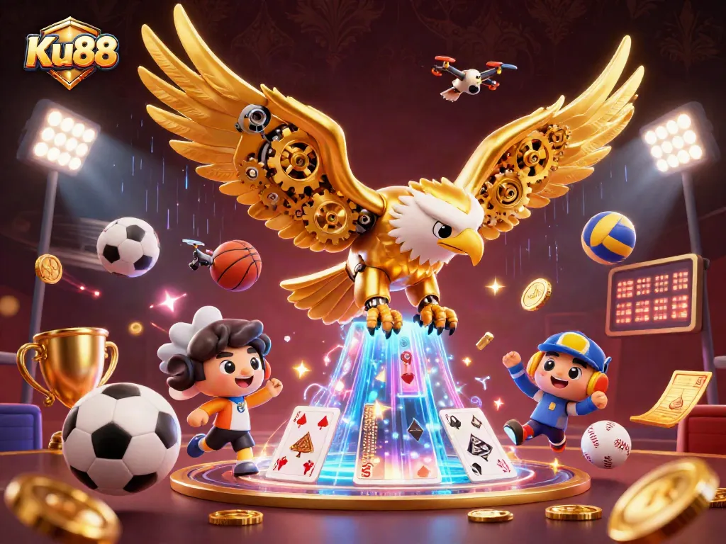 Experience thrilling gaming action at Ku88 with colorful sports and casino elements in an engaging 3D scene.