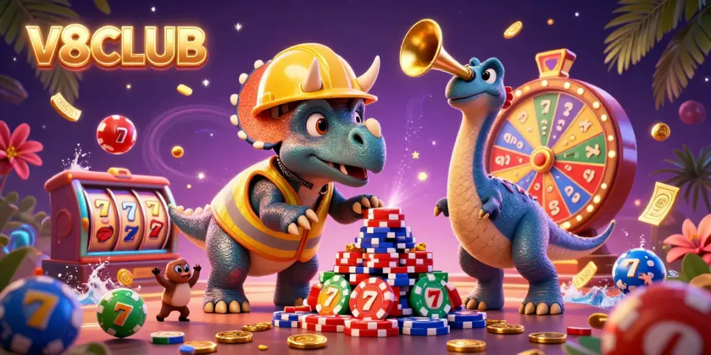 Cheerful characters in a casino-themed celebration showcasing V8CLUB with vibrant slots and glittering elements.