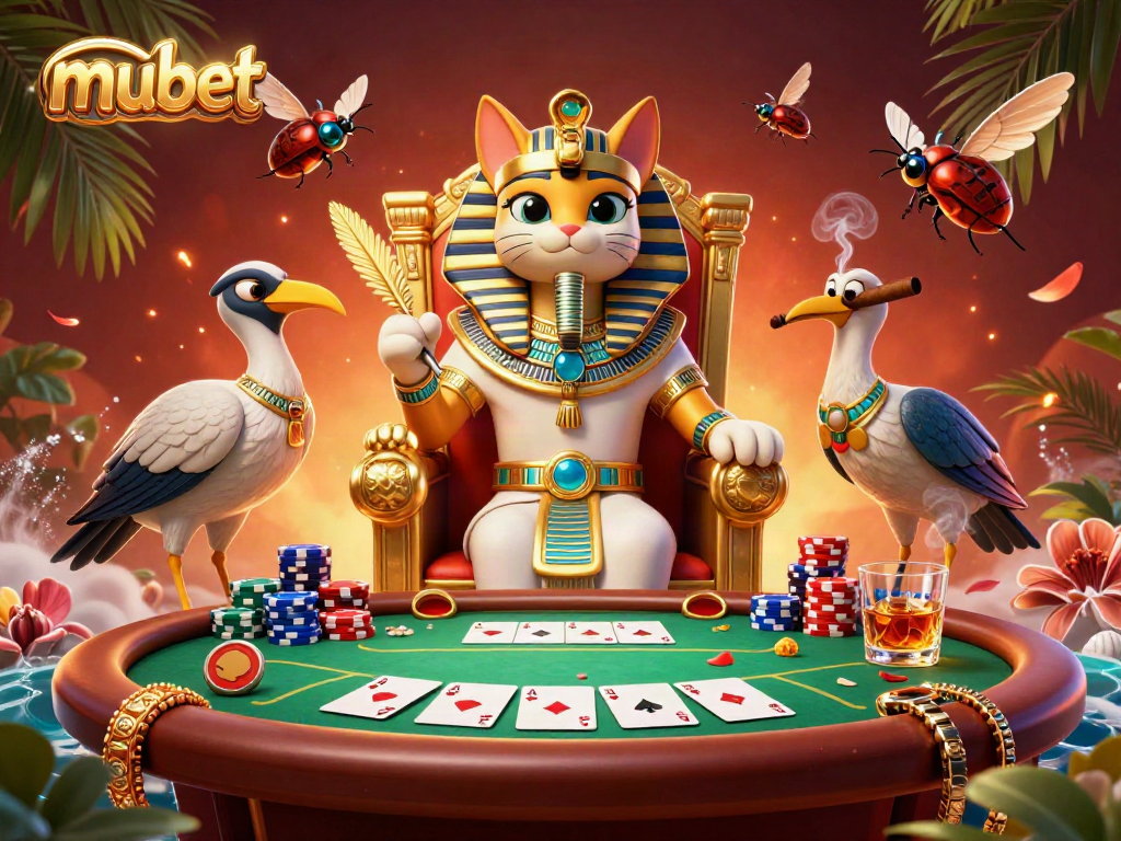 Experience thrilling poker action with mubet's vibrant Egyptian-themed illustration, showcasing rich casino elements.