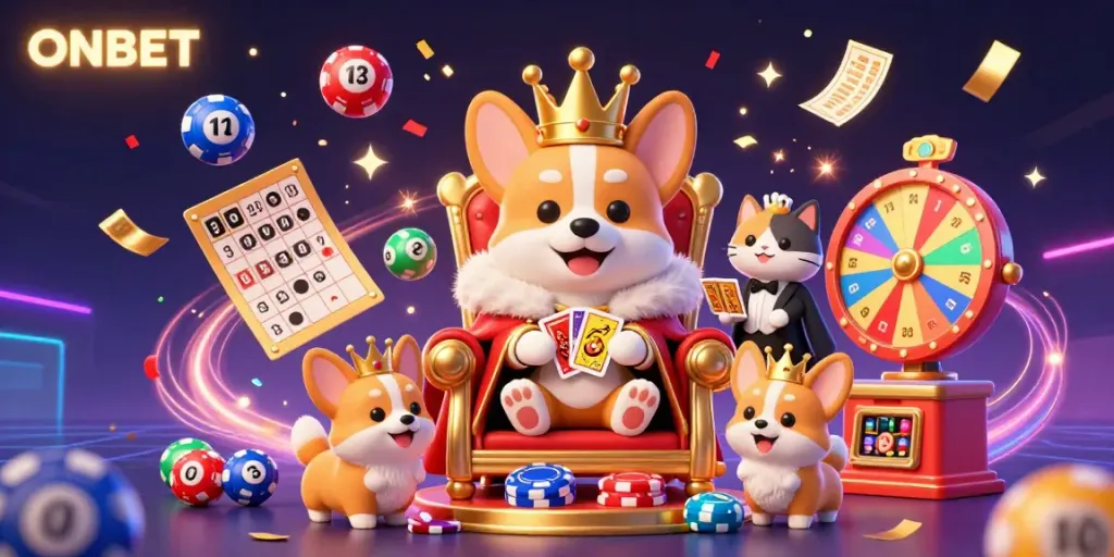 Engage in ONBET excitement with a royal corgi on a poker chip throne amidst a vibrant lottery scene.