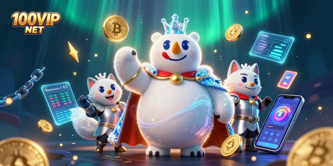 Experience the thrill of casino gaming at 100VIP NET featuring a majestic ice king and crypto coins.