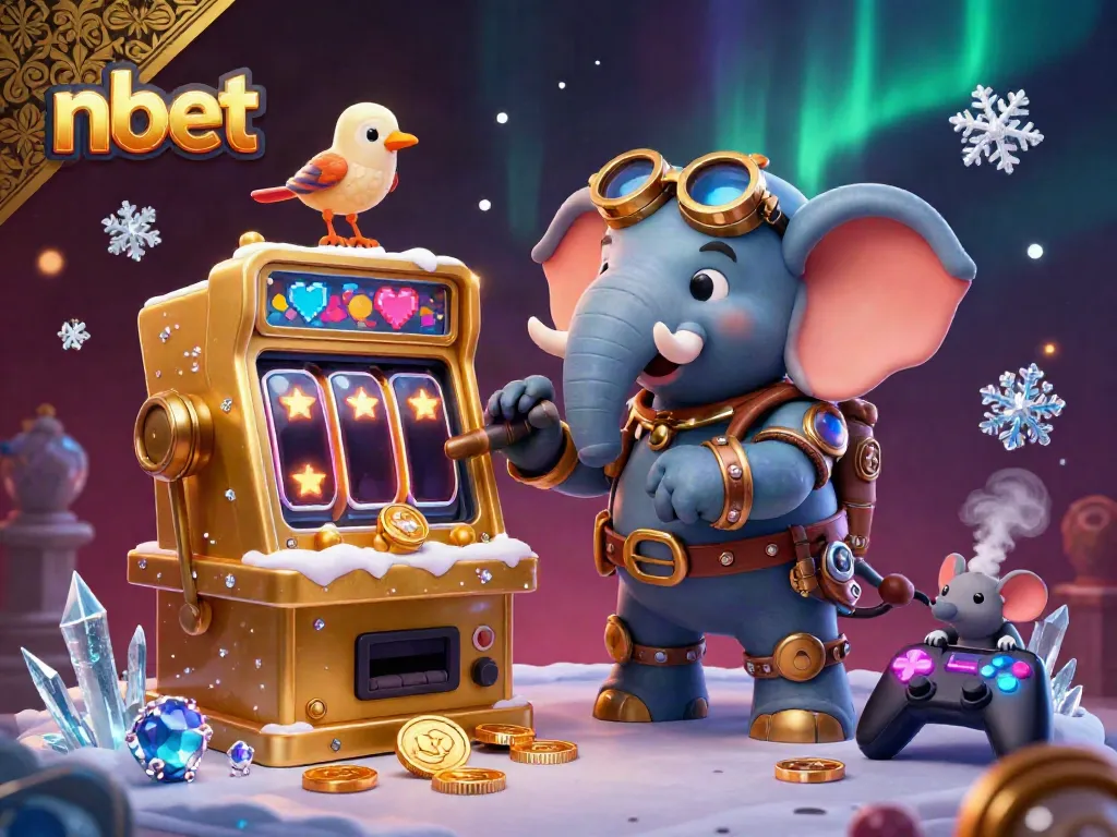 Engaging scene depicting nbet with a steampunk elephant engineer at a golden slot machine, highlighting vibrant gaming elements.