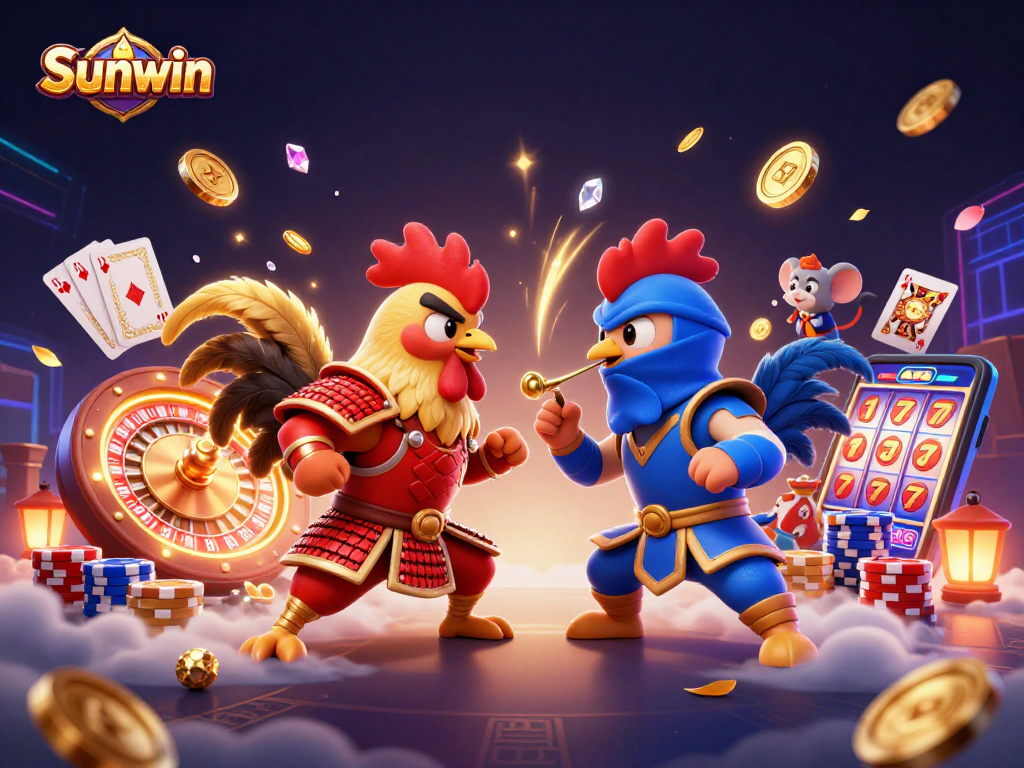Sunwin's exciting 3D duel of rooster champions amidst a vibrant casino atmosphere.