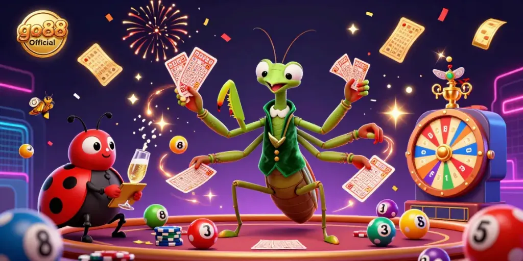 Engage with go88 Official's lively 3D casino scene showcasing a card sharp and pit boss amidst colorful gaming elements.