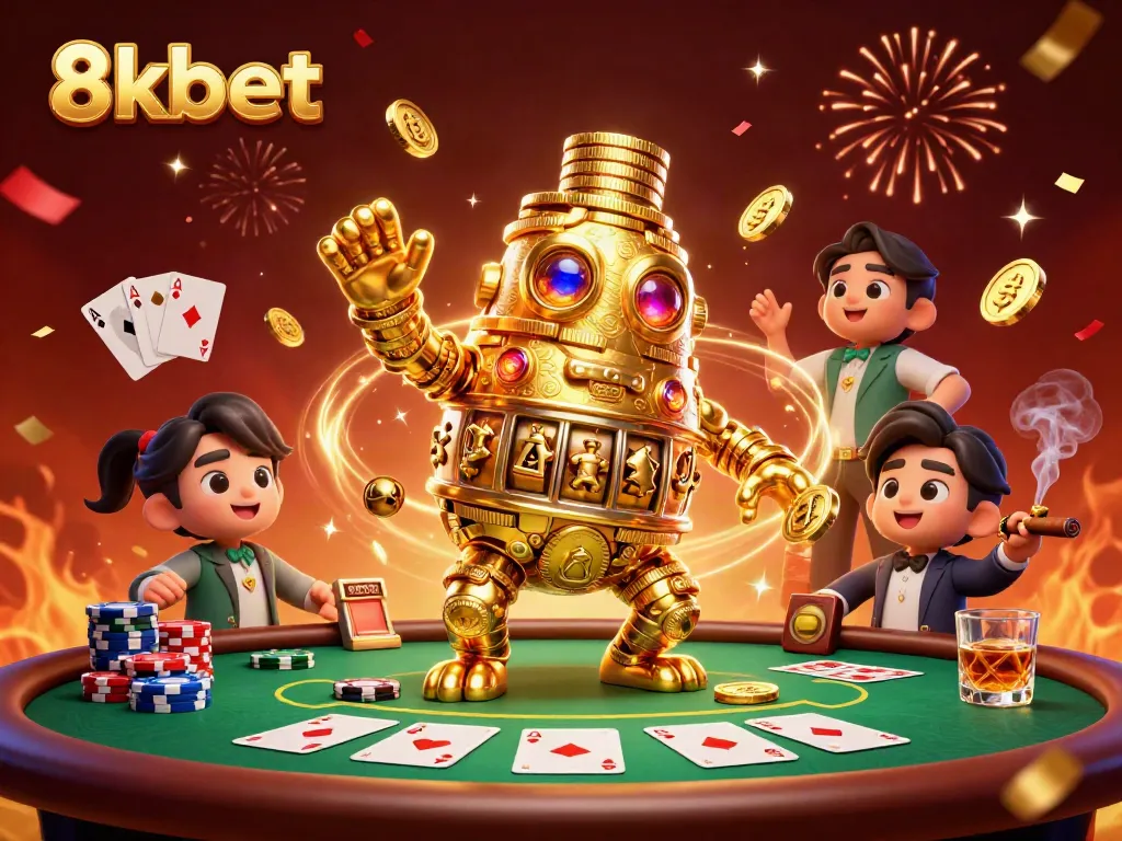 Engage with the excitement of 8kbet through a lively casino scene featuring a gold golem, poker elements, and dynamic visuals.