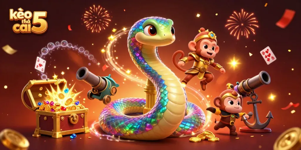 Experience thrilling bets with kèo nhà cái 5 in this vibrant illustration featuring lively casino elements.