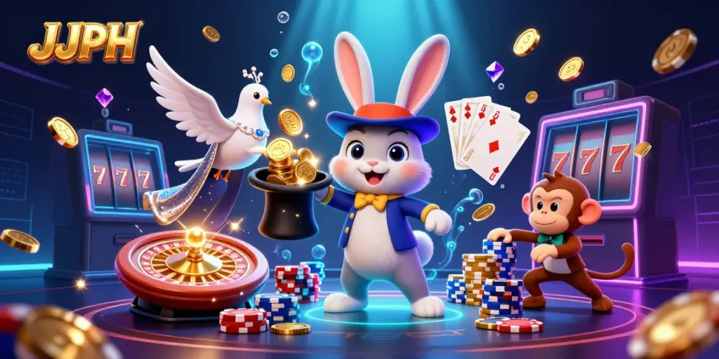 Win big with JJJPH as a magician rabbit conjures golden coins in a vibrant casino scene.