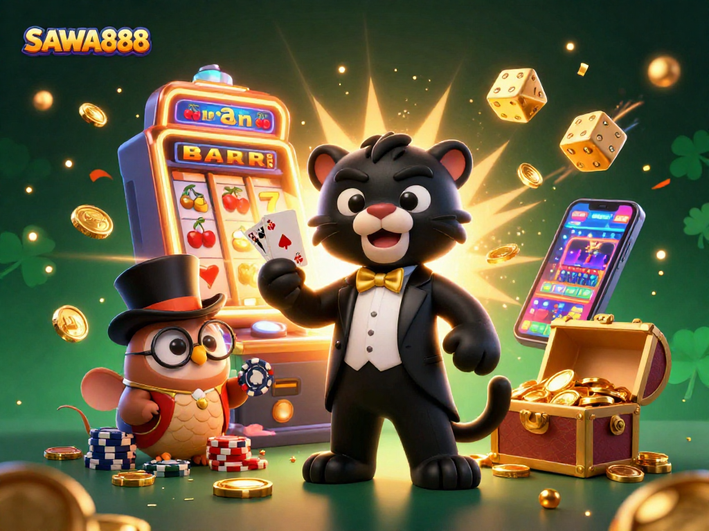 SAWA888 features a glamorous casino scene with a stylish black panther, an owl, and a lucky mouse amidst dynamic game elements.