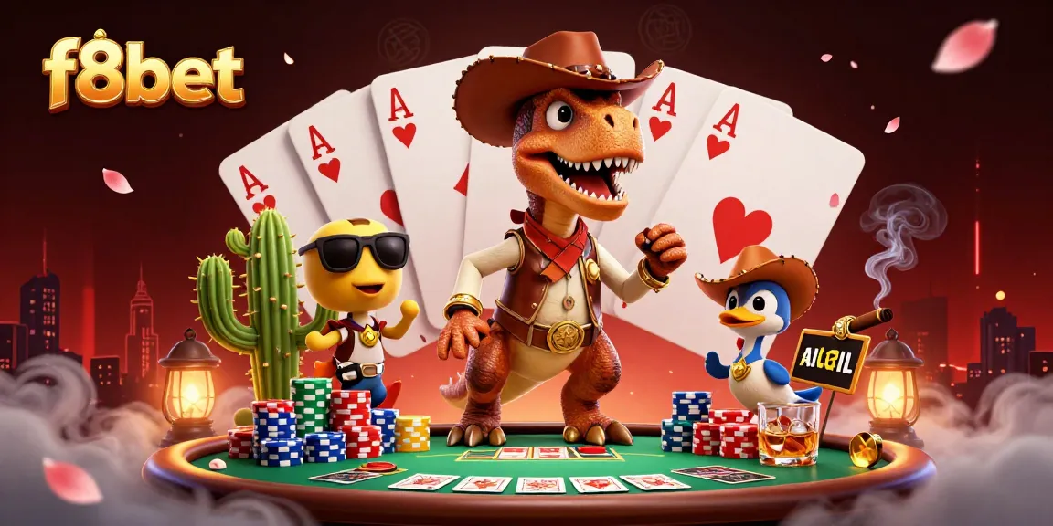 Experience the thrill of f8bet poker with a dynamic scene featuring T-Rex and friends amidst vibrant casino elements.