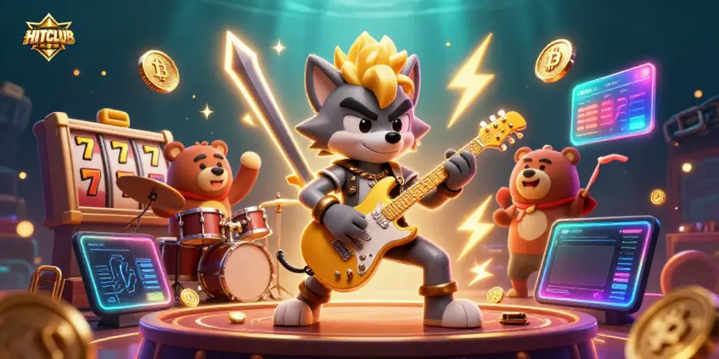 Experience the energy of HITCLUB through a vibrant 3D scene of a rock star wolf and drummer bear in a dynamic casino setting.