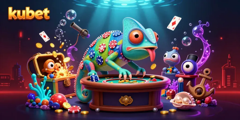 Kubet chameleon casino owner in a dynamic scene enjoying the thrill of casino games and treasure.