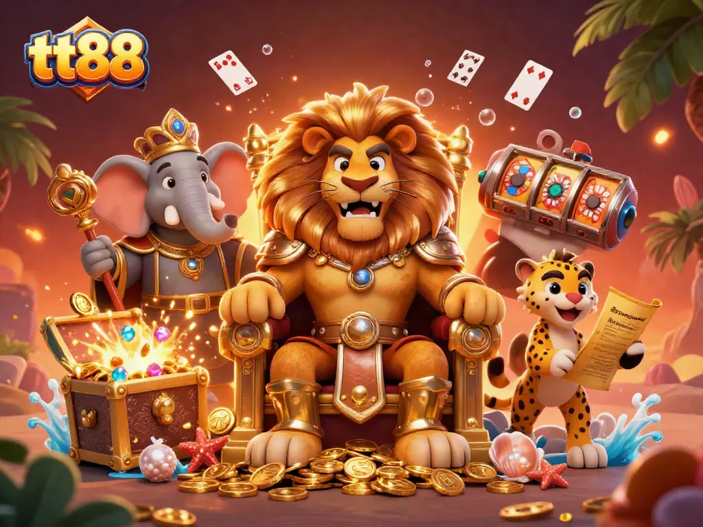 Experience the thrill of winning at tt88's online casino, featuring a lion king and vibrant symbols of luck.