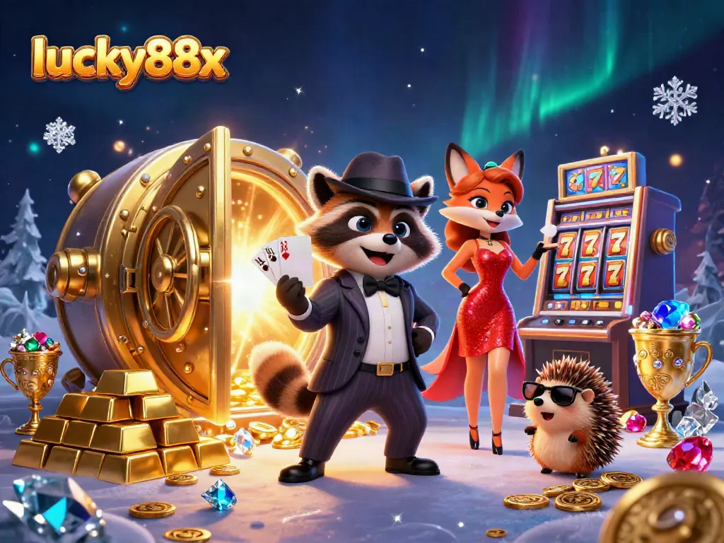Experience the excitement of lucky88x with a dynamic 3D illustration of a suave raccoon, a charming fox, and a hedgehog bouncer, surrounded by casino treasures.
