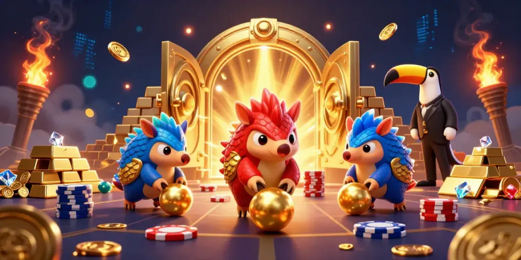 Experience thrilling wins with EE 8 8 as pangolins roll through poker chips in a dynamic casino scene.