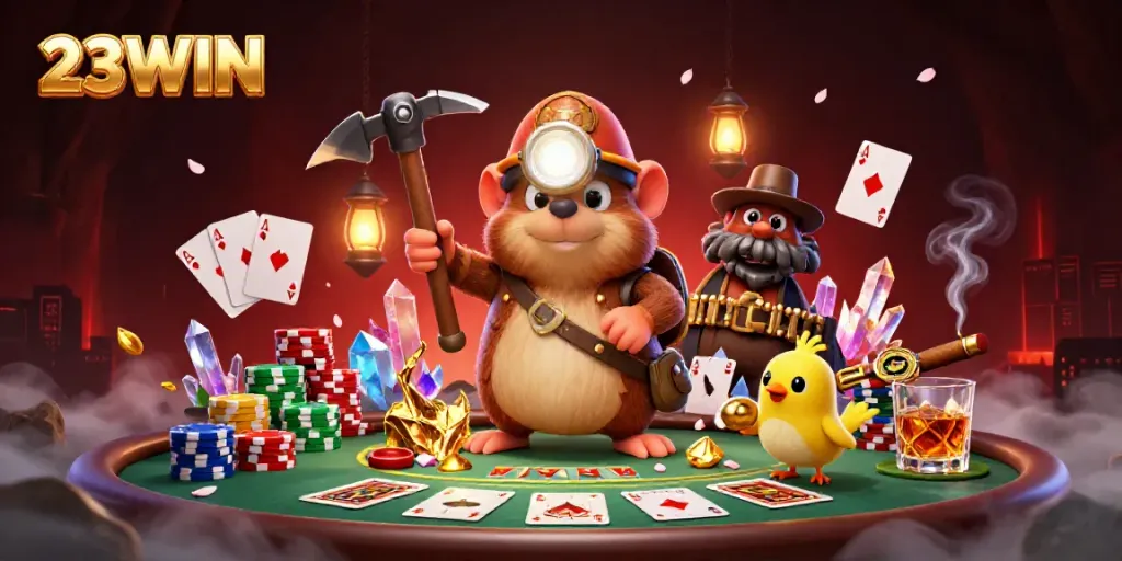 Experience the excitement of 23WIN with our illustrated treasure hunter mole amidst poker elements and gems.