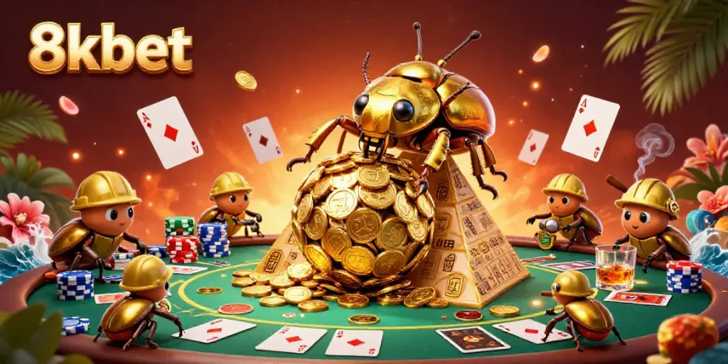Experience thrilling bets at 8xbet with iconic golden beetles amid casino action.