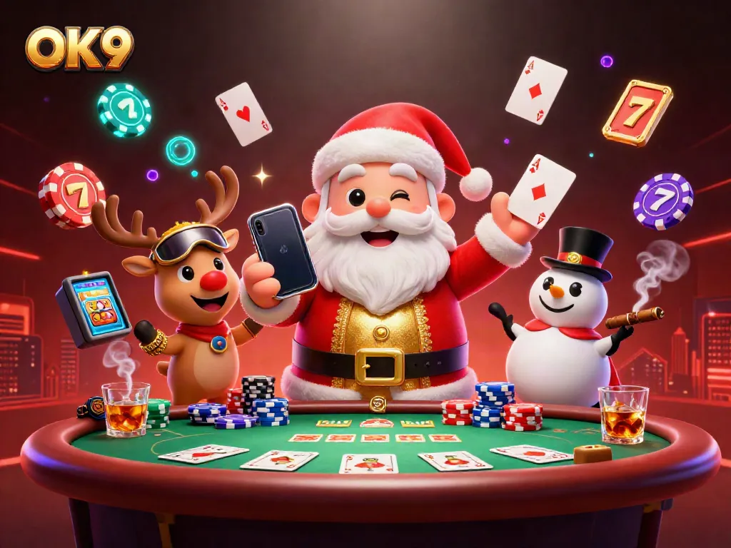 Experience excitement at OK9 with this vibrant casino scene featuring Santa, a reindeer dealer, and a poker chip snowman.