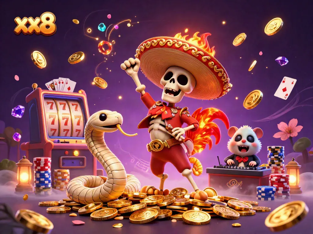 Dynamic gaming scene with xx8 casino characters celebrating amidst golden coins, slot machines, and poker elements.