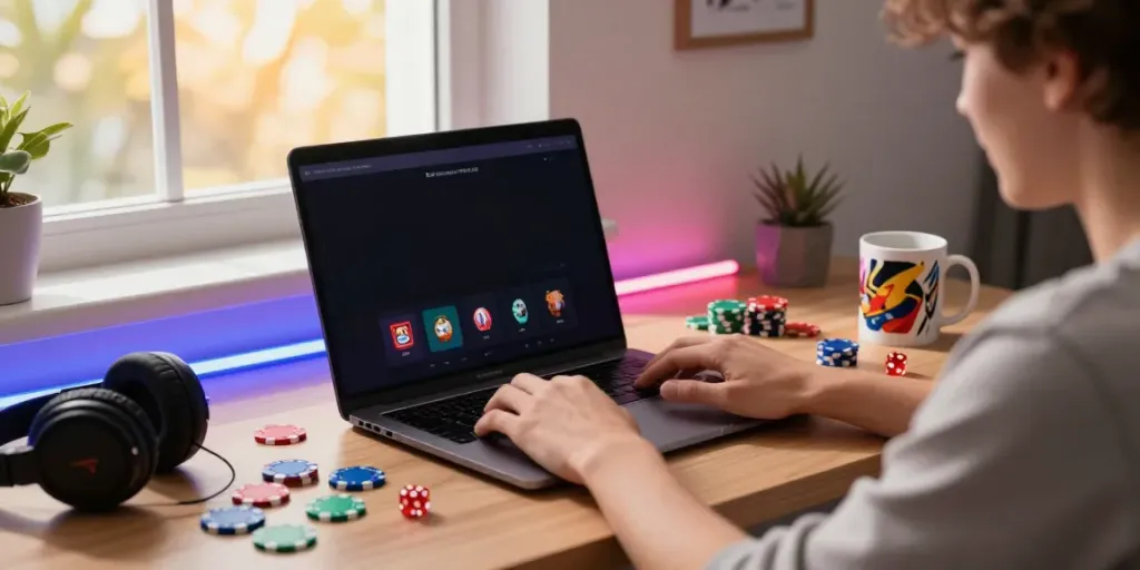 Player enjoying a casino not on Gamstop experience at a stylish gaming desk.