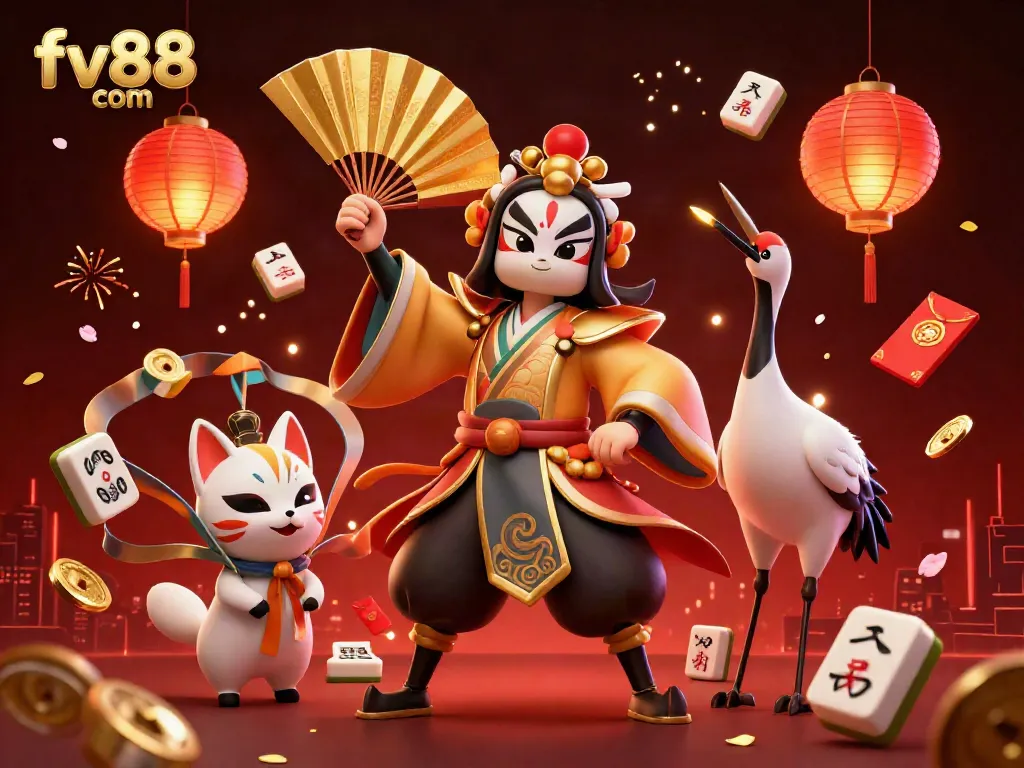 Experience dynamic gambling action with fv88 com featuring kabuki warrior, kitsune mask, and festive elements.