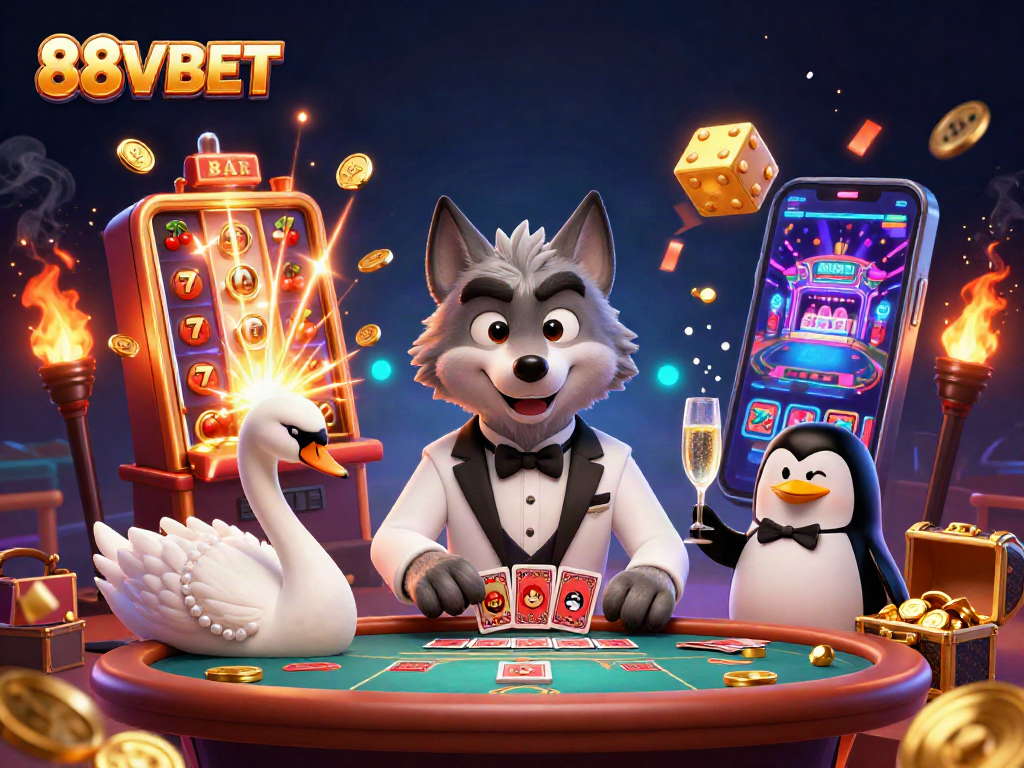 Experience excitement with 88VBET as a wolf, swan, and penguin enjoy casino thrills and wins.