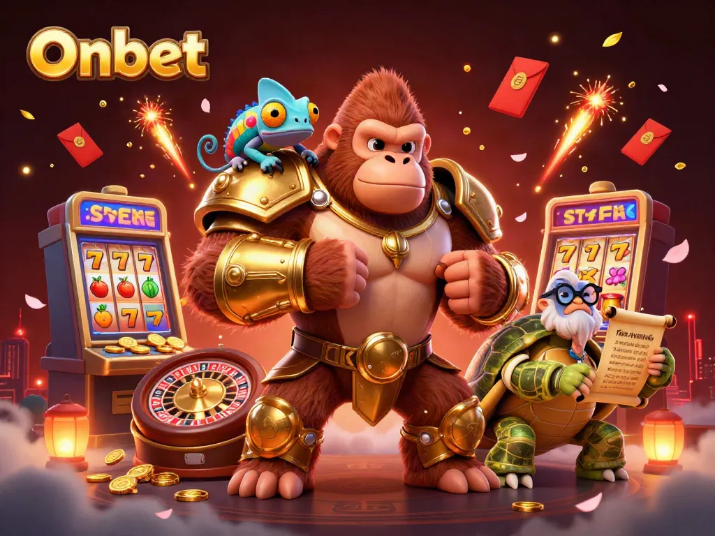 Experience thrilling gameplay at Onbet with a powerful gaming gorilla and vibrant casino elements.