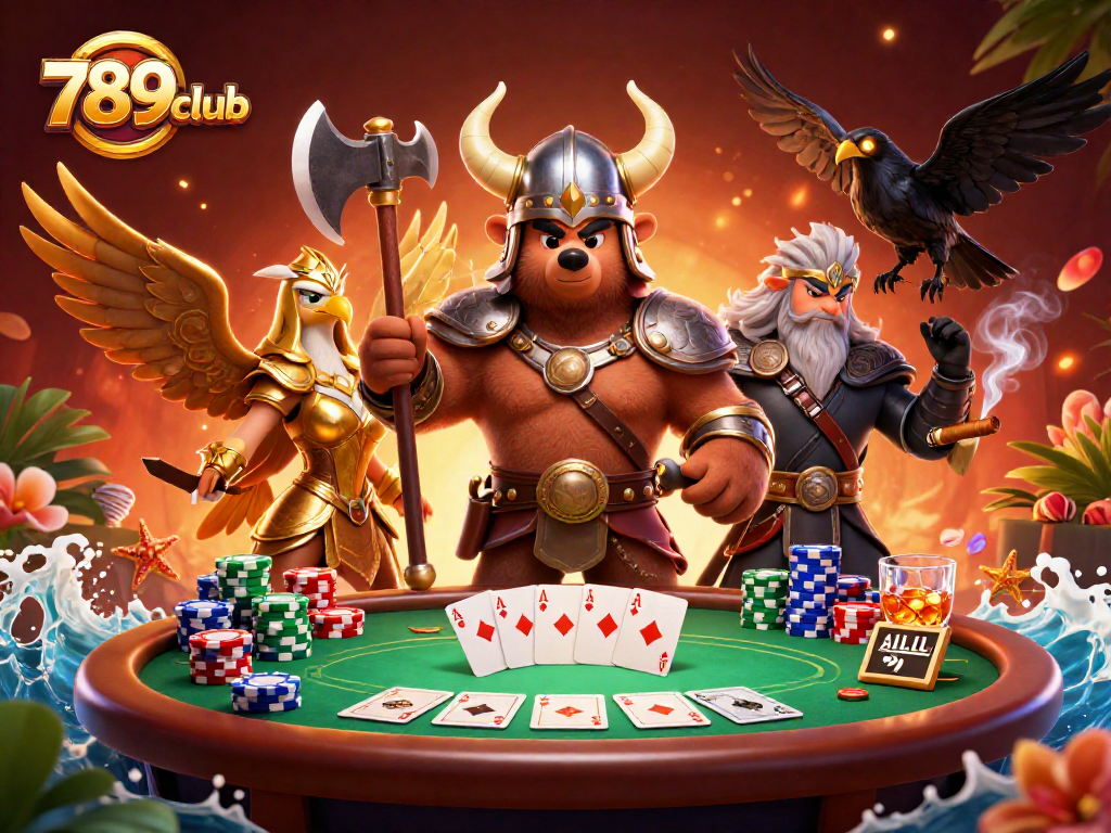 Engage with the thrilling 789club adventure, featuring characters and dynamic poker elements in an exciting gaming scene.