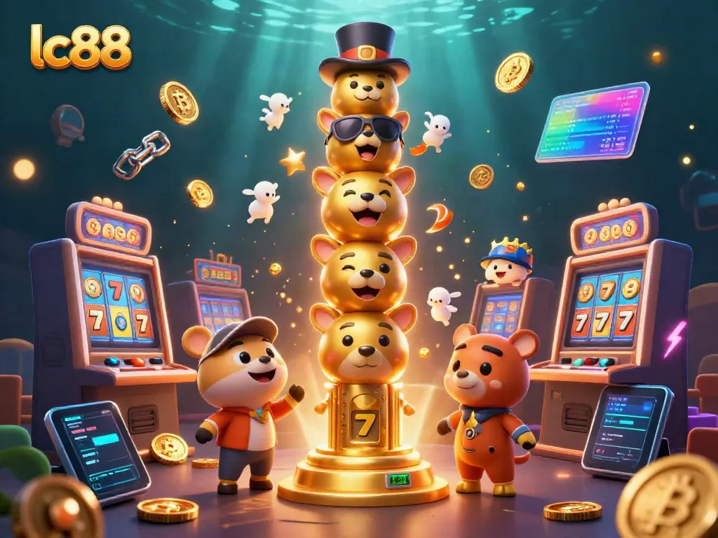 Experience dynamic gaming with lc88 featuring vibrant slot machines, glowing crypto elements, and an animated totem.