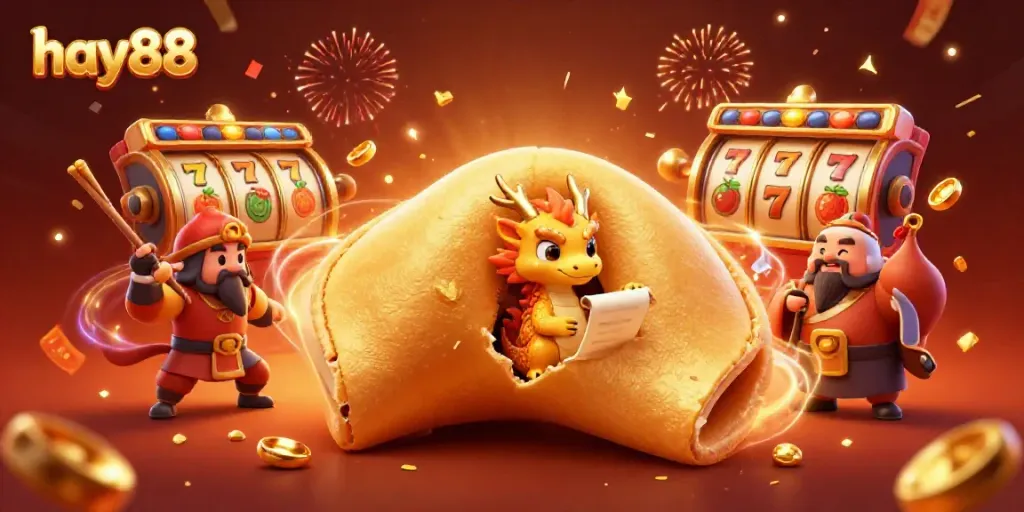 Engage with hay88's enchanting casino magic featuring a golden fortune cookie, wise dragon, and slot reels.