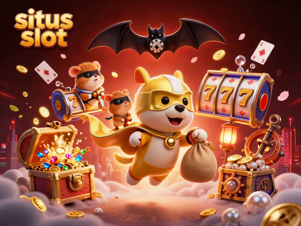 Join the adventures of situs slot with a superhero dog flying amidst magical casino treasures.