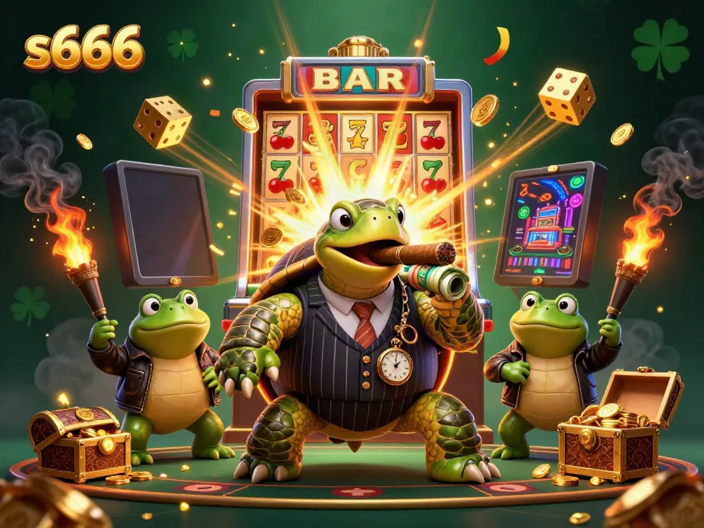 Experience thrilling slots at s666 with a vibrant 3D scene featuring an animated turtle and dynamic games.