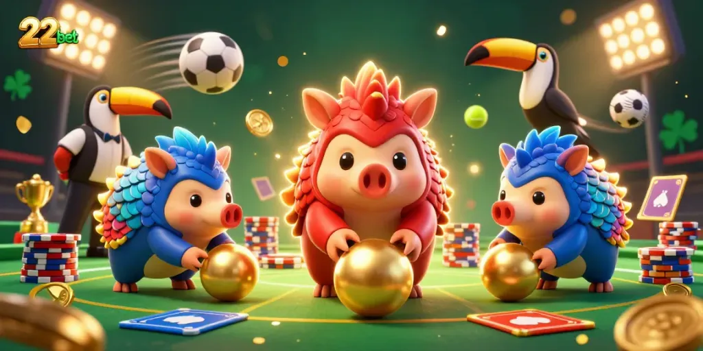 22bet features a vibrant 3D cartoon scene with rival pangolins bowling through poker chips and sports elements.