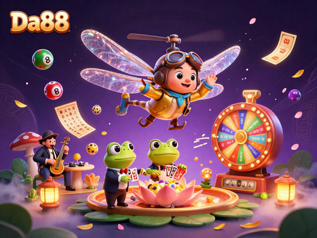 Experience thrilling games at Da88 with a dynamic illustration of a whimsical casino scene featuring engaging characters.