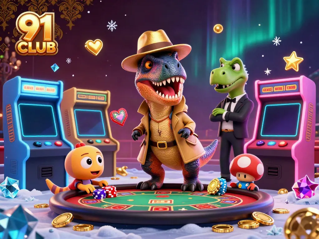 Engage in exciting gameplay with the 91 CLUB featuring a 3D velociraptor card counter at a blackjack table amidst dynamic casino elements.