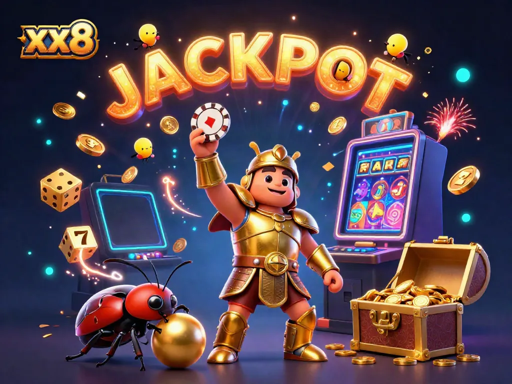 Experience the winning moments with xx8 in this colorful casino scene of a hero beetle and dazzling jackpots.