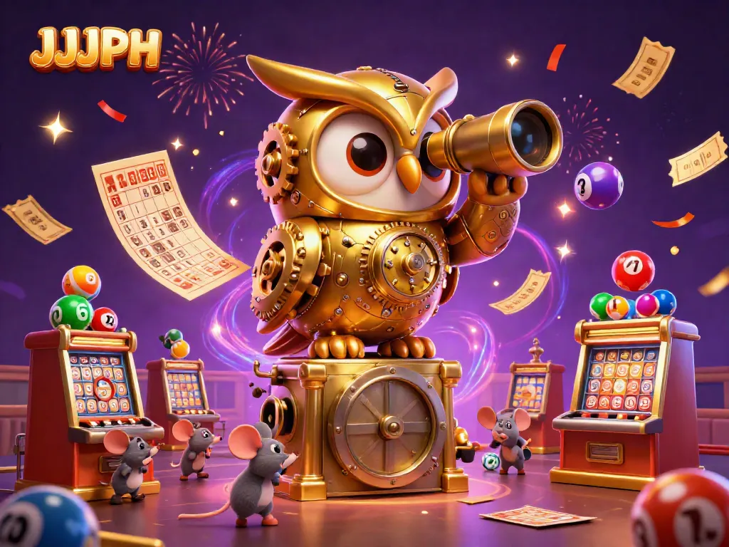 Experience the thrill of gaming at JJJPH with a dynamic casino scene featuring colorful lottery balls and a golden owl.