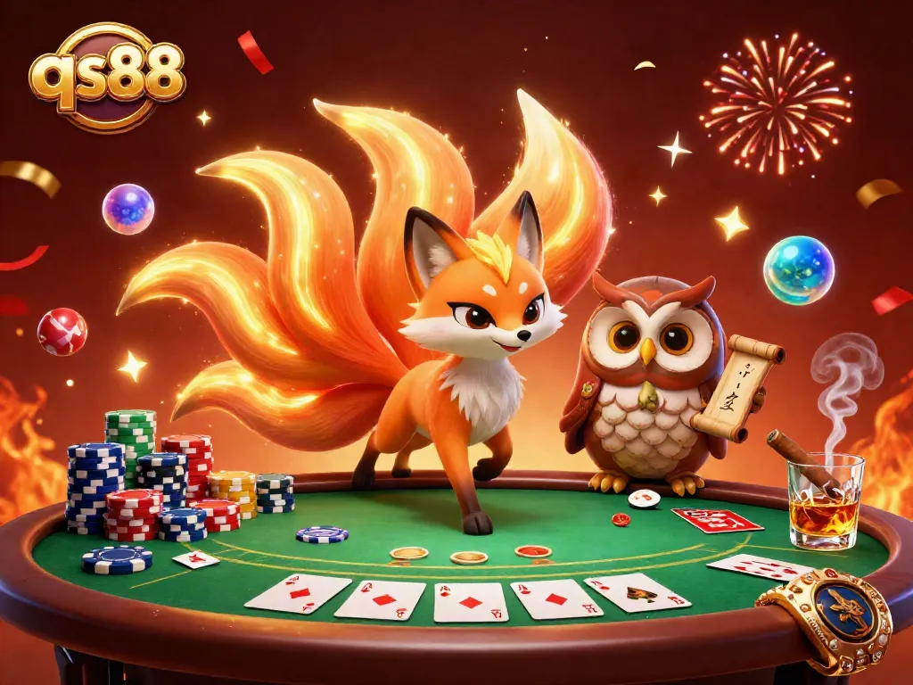 Experience vivid gaming with qs88's dynamic scene featuring a nine-tailed fox, poker elements, and vibrant celebrations.