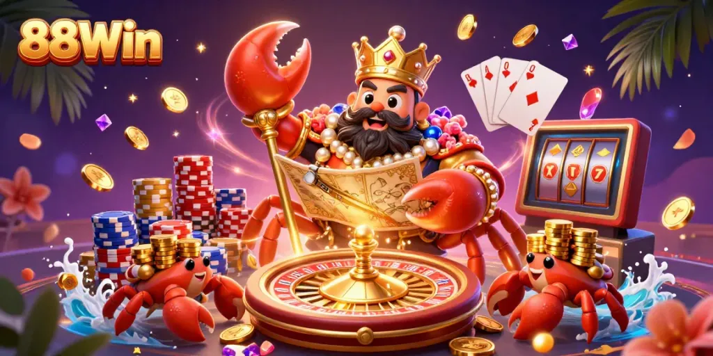 Transform your luck with 88Win's dazzling treasure scene, featuring a golden crab emperor amidst cascading gems and rich gameplay.