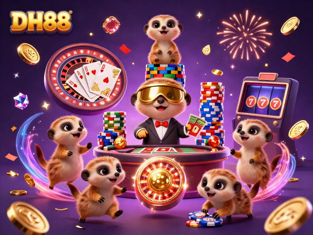 Engage with DH88 through a vibrant casino scene featuring dynamic meerkats, sparkling gems, and roulette action.