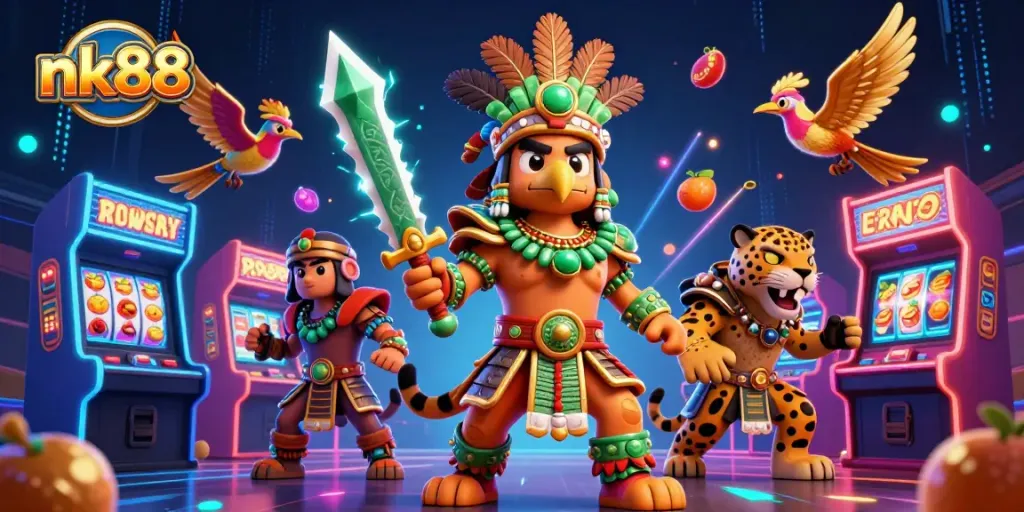 nk88 players immerse in vibrant casino action with 3D warrior and colorful game elements