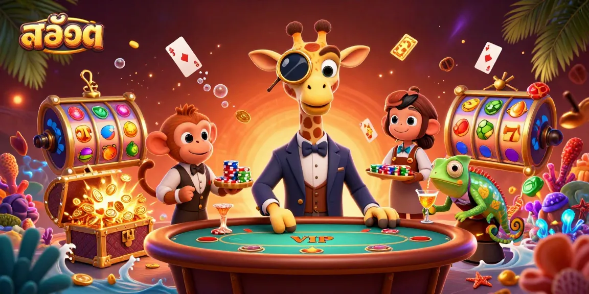 Spin the reels and win big with สล็อต in this vibrant casino scene featuring a giraffe and monkey.