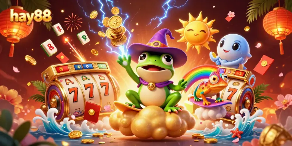 Experience the excitement of hay88 as the magical frog conjures gold coins amid a vibrant casino scene.
