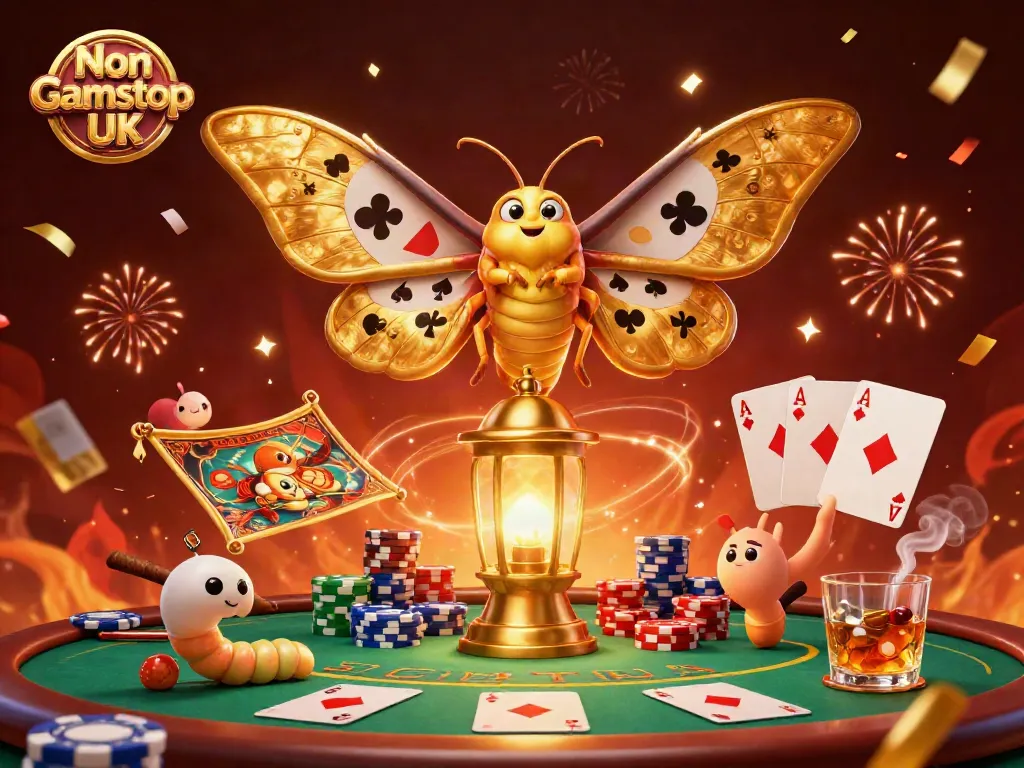 Engage with the vibrant scene of Non Gamstop Casino UK showcasing a 3D cartoon atlas moth amidst casino elements.