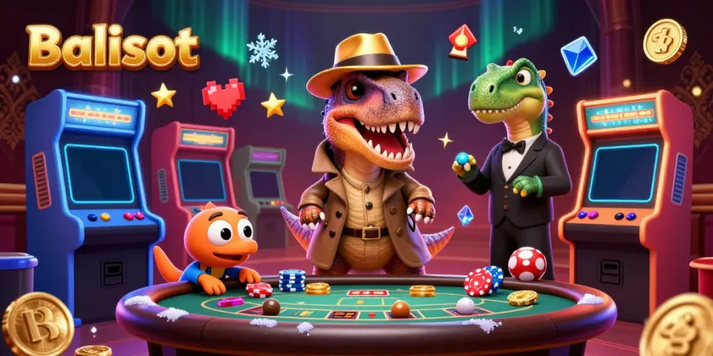 Experience thrilling Balislot action with a cartoon velociraptor and playful pit boss in a vibrant casino scene.