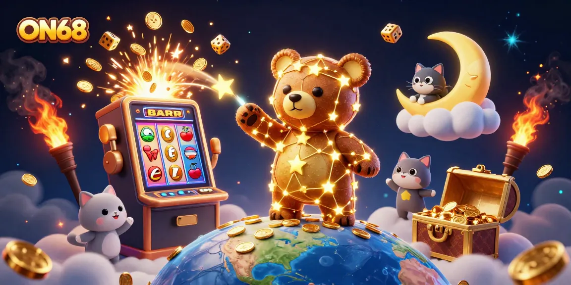 ON68 features a constellation bear scooping coins, surrounded by dynamic casino elements and vibrant fireworks.