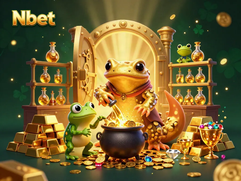 Nbet enhances gaming excitement through a whimsical casino scene featuring golden treasures and mythical characters.