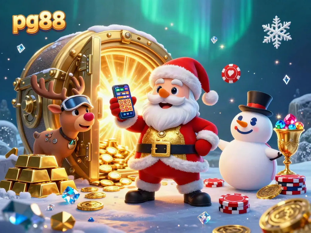 Spin jackpots with pg88 in a festive casino scene featuring Santa, a reindeer dealer, and a poker chip snowman.
