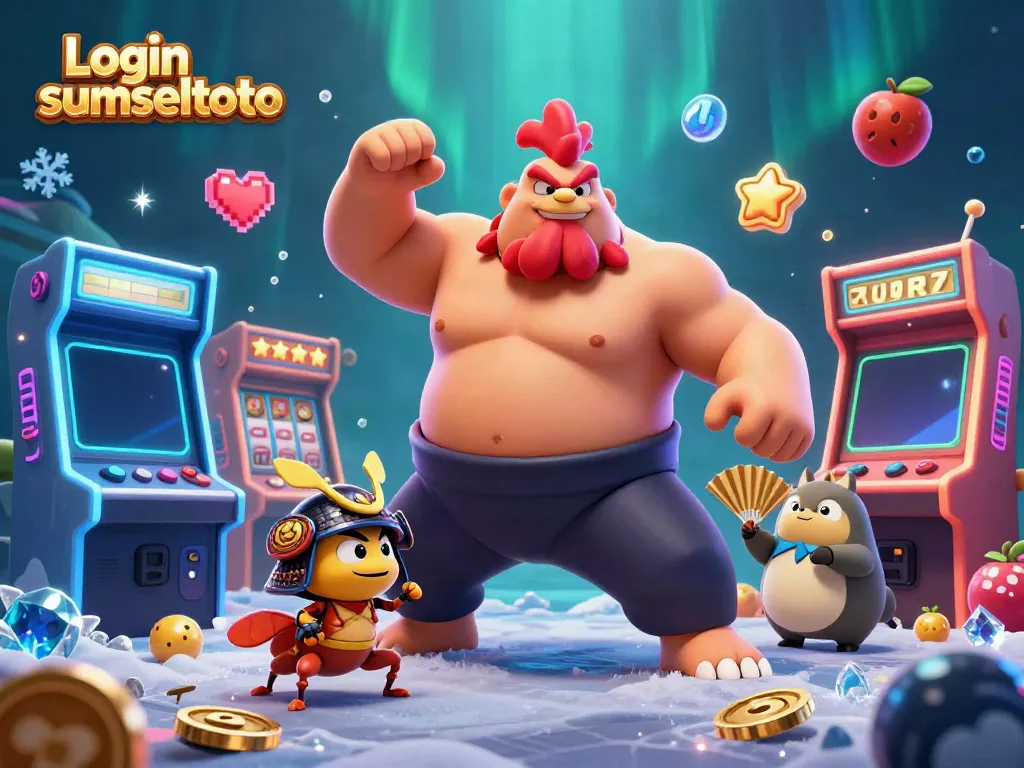 Engage in Login sumseltoto with a vibrant casino scene featuring a powerful rooster, a samurai cricket, and dynamic gaming elements.