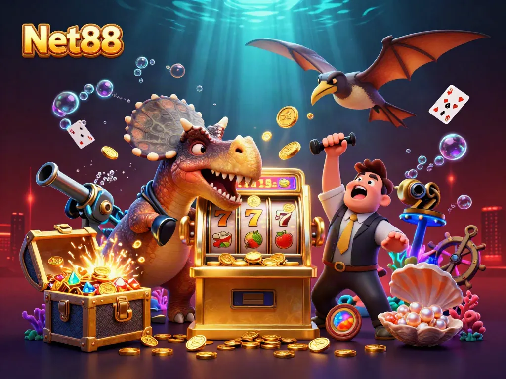 Net88 casino scene showcasing a pachycephalosaurus hitting a golden slot machine for jackpot wins, surrounded by vibrant gaming elements.